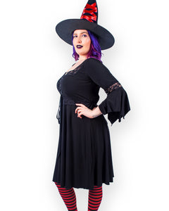 Dare Fashion Adult Gothic Witch Costume Black Corset Dress Red Hat Tights 5x