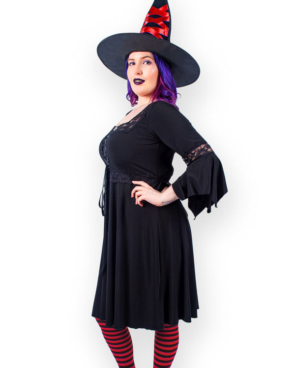 Dare Fashion Adult Gothic Witch Costume Black Corset Dress Red Hat Tights 5x