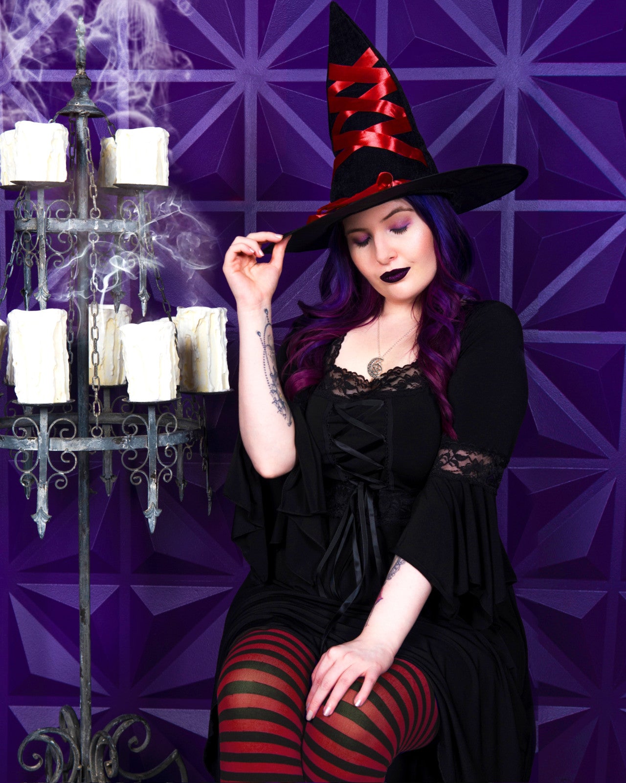Dare Fashion Adult Gothic Witch Costume Black Corset Dress Red Hat Tights 5x Dare Fashion Adult Gothic Witch Costume Black Corset Dress Red Hat Tights 5x