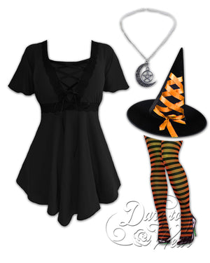 Dare to Wear Victorian Gothic Steampunk Enchantress Witch Costume with Angel Top, Black/Orange