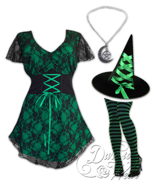 Dare to Wear Victorian Gothic Steampunk Enchantress Witch Costume with Sweetheart Top, Emerald