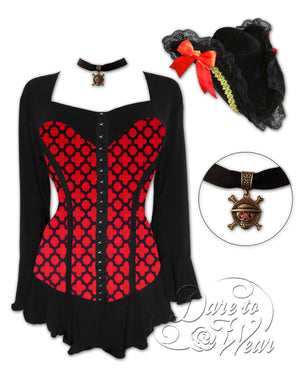 Dare to Wear Victorian Gothic Steampunk Corsair Pirate Costume with Corsetta Top, Red Queen