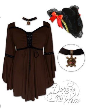 Dare to Wear Victorian Gothic Steampunk Corsair Pirate Costume with Ophelia Top, Walnut