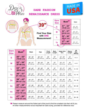 Dare to Wear Renaissance Dress Size Chart