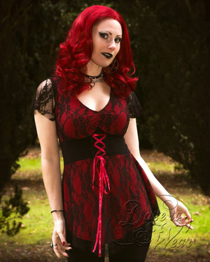 Lady Anna Calypso wearing Gothic Victorian Lace Sweetheart Corset Top in Wine