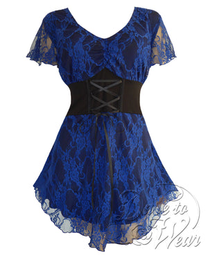 Dare Fashion Printed Sweetheart Short sleeve top S38 BlueViolet Victorian Gothic Lace Corset Top 